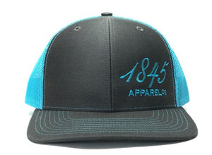 Charcoal and Neon Blue 1845 Trucker Hat